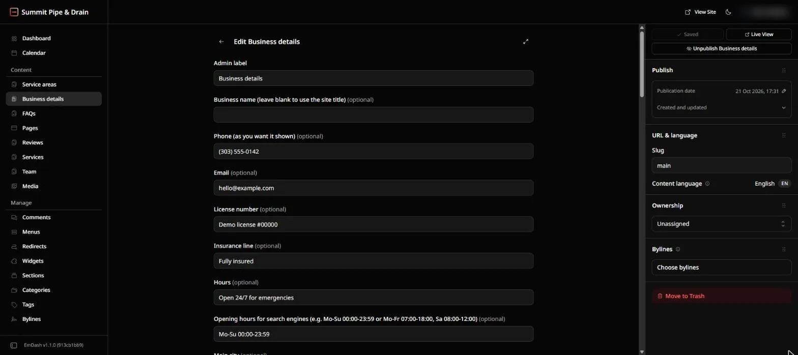 The Business details screen