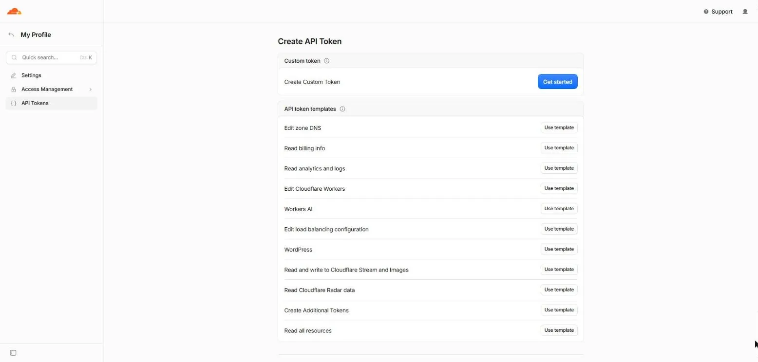 The Create API Token page with its list of templates