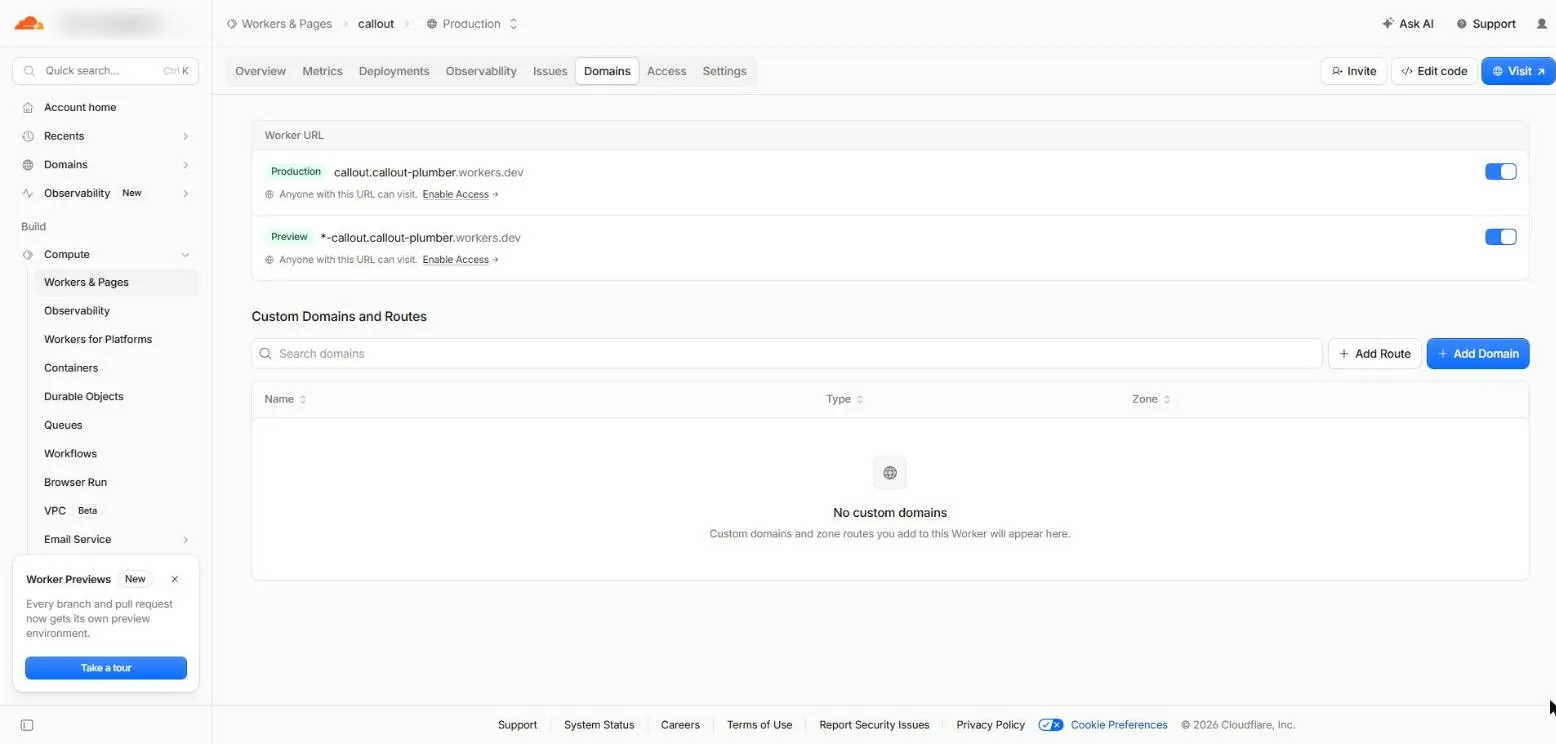 The Domains tab of the project, with the Add Domain button