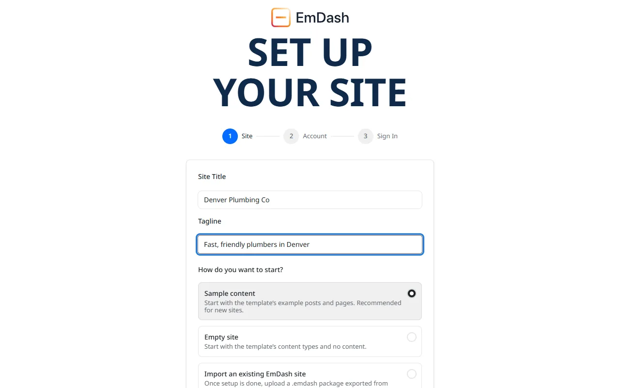 The first setup screen: Site Title, Tagline and Sample content